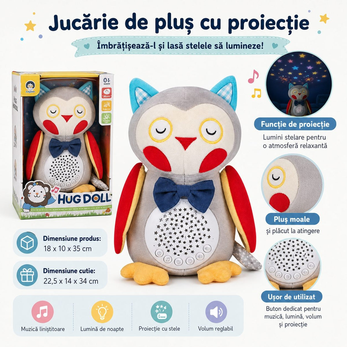 Bufniță de Pluș Interactivă cu Proiecție Luminoasă și Muzică