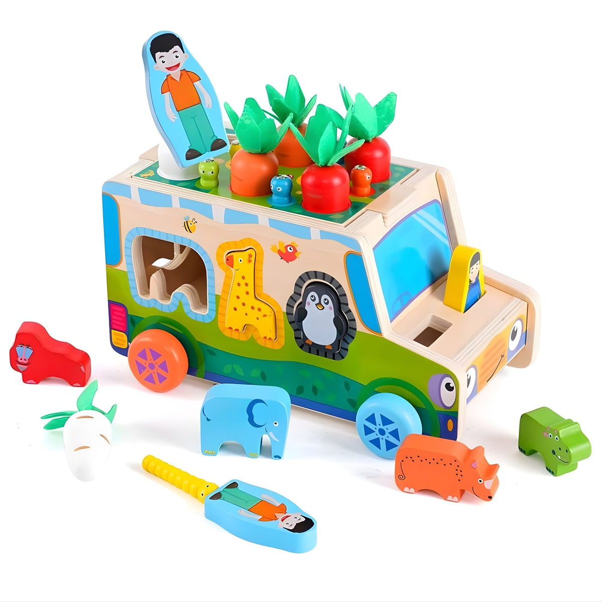 Mașinuță Educativă din Lemn 6 în 1 cu Sortator de Forme